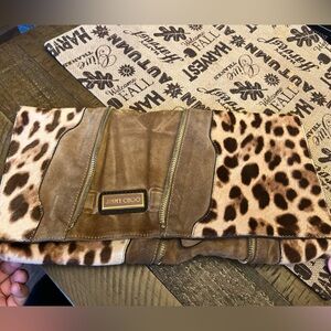 JIMMY CHOO LEOPARD PRINT EXPANDABLE PONY & SUEDE CLUTCH
